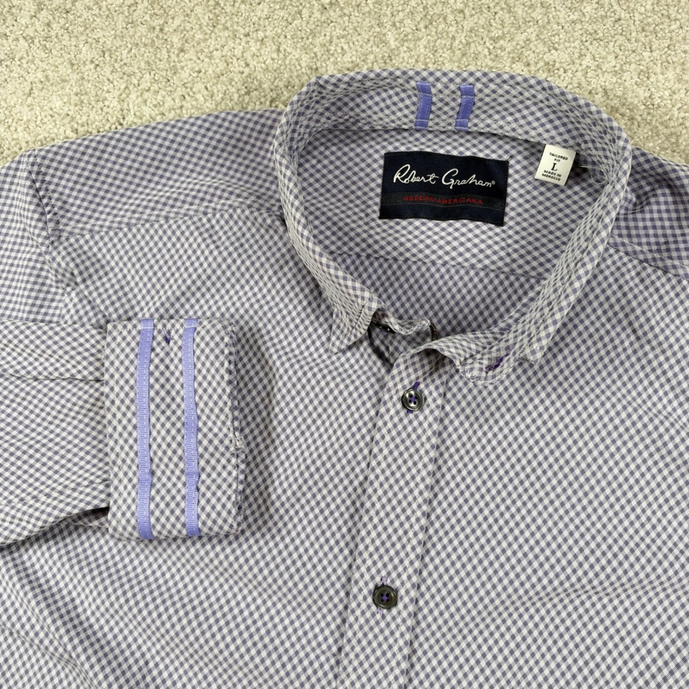 Robert Graham Shirt Mens L Purple Micro Check Tailored Fit Modern Americana